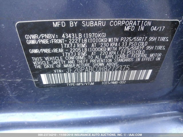 JF2GPABC0H8272375 - 2017 SUBARU CROSSTREK PREMIUM ლურჯი ფოტო 9