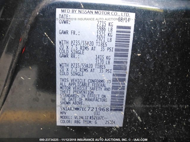 5N1AR2MM7EC721968 - 2014 NISSAN PATHFINDER S/SV/SL/PLATINUM Dark Blue photo 9