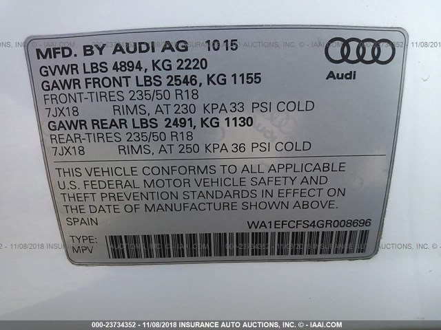 WA1EFCFS4GR008696 - 2016 AUDI Q3 PREMIUM PLUS WHITE photo 9