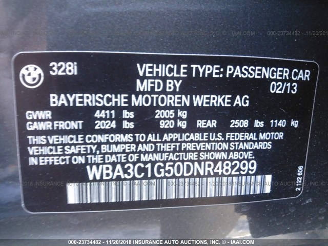 WBA3C1G50DNR48299 - 2013 BMW 328 I SULEV GRAY photo 9