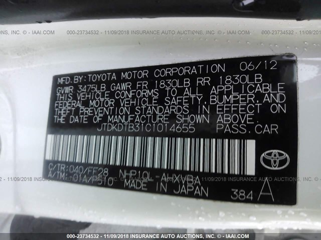 JTDKDTB31C1014655 - 2012 TOYOTA PRIUS C WHITE photo 9