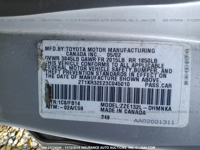 2T1KR32E23C045010 - 2003 TOYOTA COROLLA MATRIX  SILVER photo 9