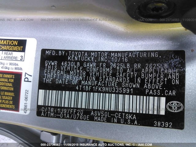 4T1BF1FK9HU335991 - 2017 TOYOTA CAMRY LE/XLE/SE/XSE SILVER photo 9