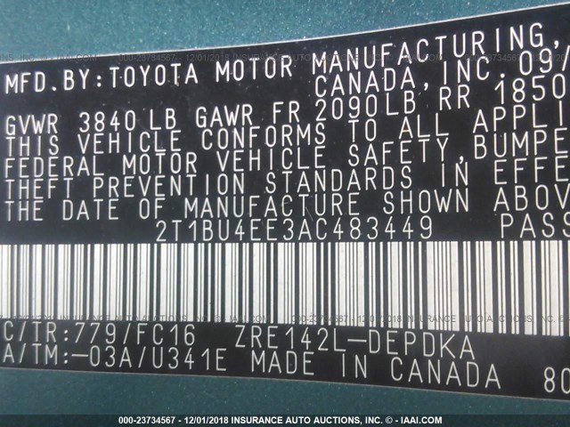 2T1BU4EE3AC483449 - 2010 TOYOTA COROLLA S/LE/XLE GREEN photo 9