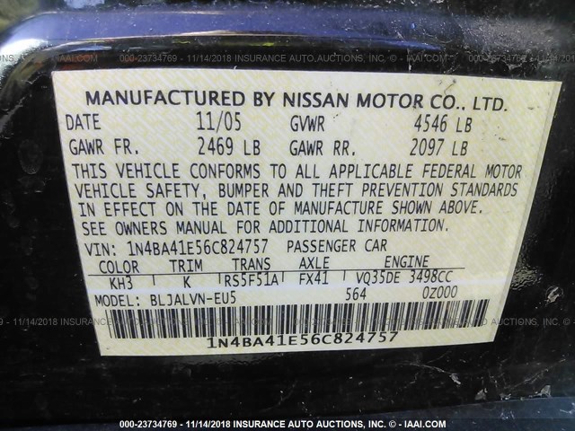 1N4BA41E56C824757 - 2006 NISSAN MAXIMA SE/SL BLACK photo 9