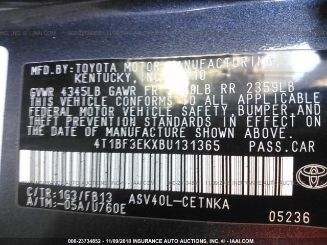 4T1BF3EKXBU131365 - 2011 TOYOTA CAMRY SE/LE/XLE 灰色 照片 9