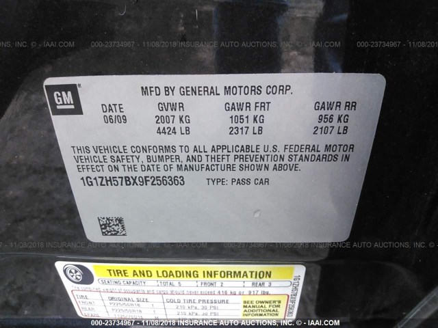 1G1ZH57BX9F256363 - 2009 CHEVROLET MALIBU 1LT BLACK photo 9