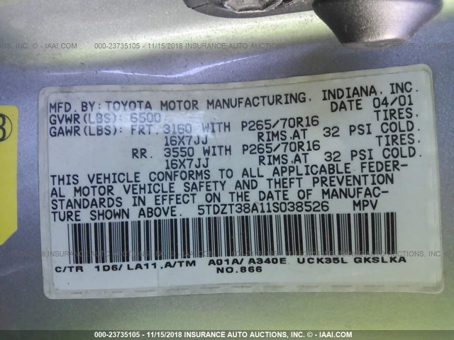 5TDZT38A11S038526 - 2001 TOYOTA SEQUOIA LIMITED GRAY photo 9