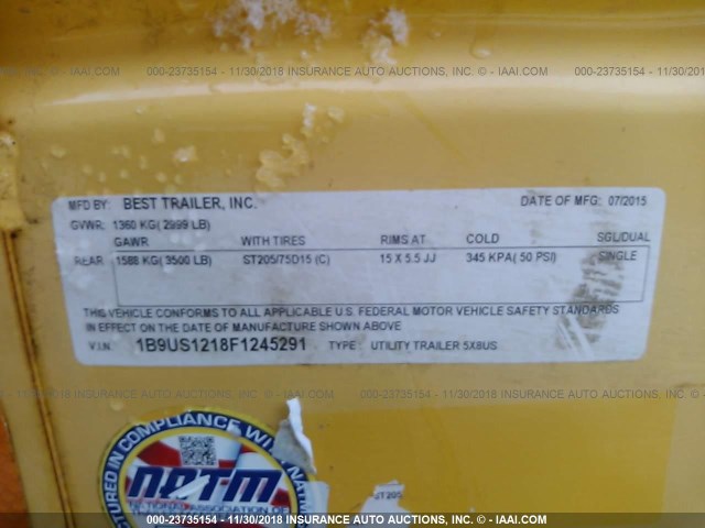 1B9US1218F1245291 - 2015 UTILITY TRAILER YELLOW photo 9