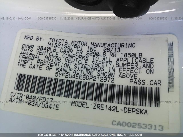 5YFBU4EE6DP212972 - 2013 TOYOTA COROLLA S/LE أبيض صورة 9