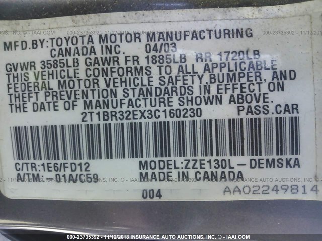 2T1BR32EX3C160230 - 2003 TOYOTA COROLLA CE/LE/S GRAY photo 9