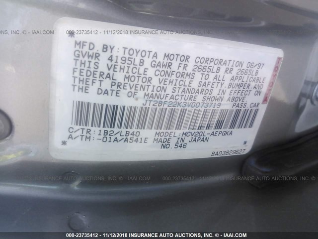 JT2BF22K3V0073719 - 1997 TOYOTA CAMRY LE/XLE GRAY photo 9