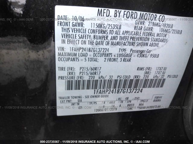 1FAHP24187G137224 - 2007 FORD FIVE HUNDRED SEL BLACK photo 9