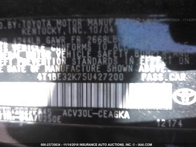 4T1BE32K75U427200 - 2005 TOYOTA CAMRY LE/XLE/SE BLACK photo 9