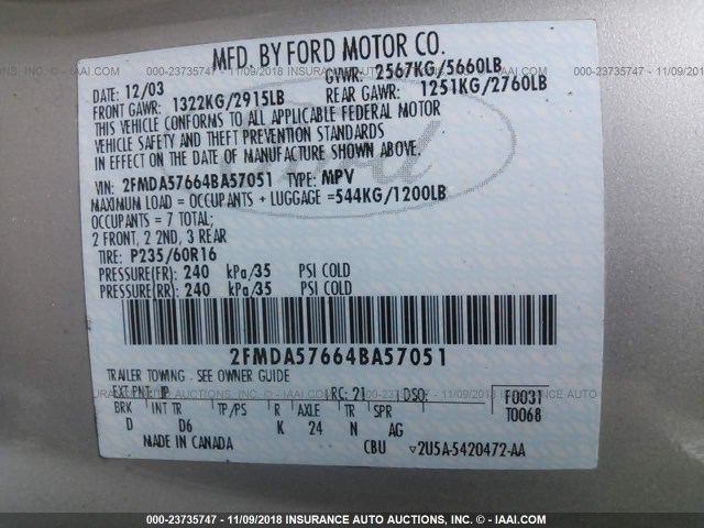 2FMDA57664BA57051 - 2004 FORD FREESTAR SES SILVER photo 9