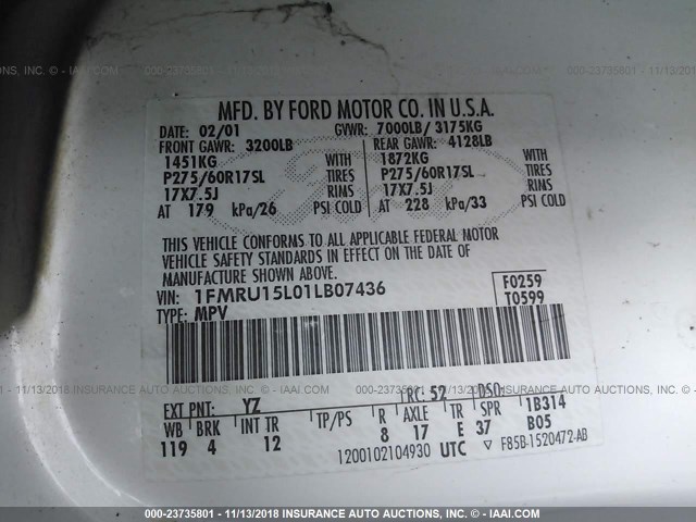 1FMRU15L01LB07436 - 2001 FORD EXPEDITION XLT WHITE photo 9