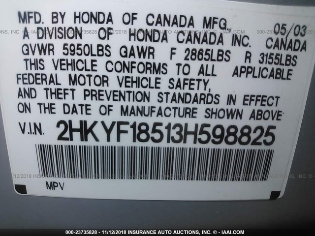 2HKYF18513H598825 - 2003 HONDA PILOT EXL 银色 照片 9