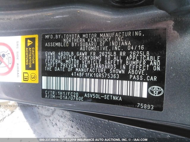 4T4BF1FK1GR575363 - 2016 TOYOTA CAMRY LE/XLE/SE/XSE GRAY photo 9