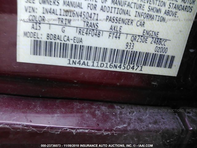 1N4AL11D16N450471 - 2006 NISSAN ALTIMA S/SL MAROON photo 9