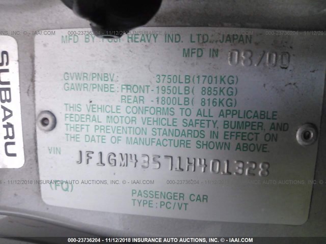 JF1GM43571H401328 - 2001 SUBARU IMPREZA L SILVER photo 9