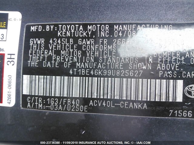 4T1BE46K99U825627 - 2009 TOYOTA CAMRY SE/LE/XLE 灰色 照片 9