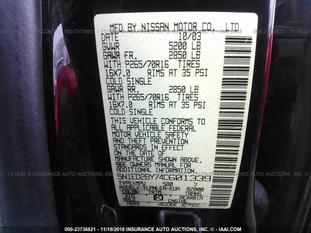 5N1ED28Y74C601339 - 2004 NISSAN XTERRA XE/SE BLACK photo 9