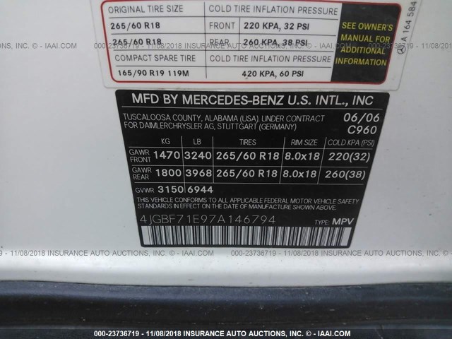 4JGBF71E97A146794 - 2007 MERCEDES-BENZ GL 450 4MATIC WHITE photo 9