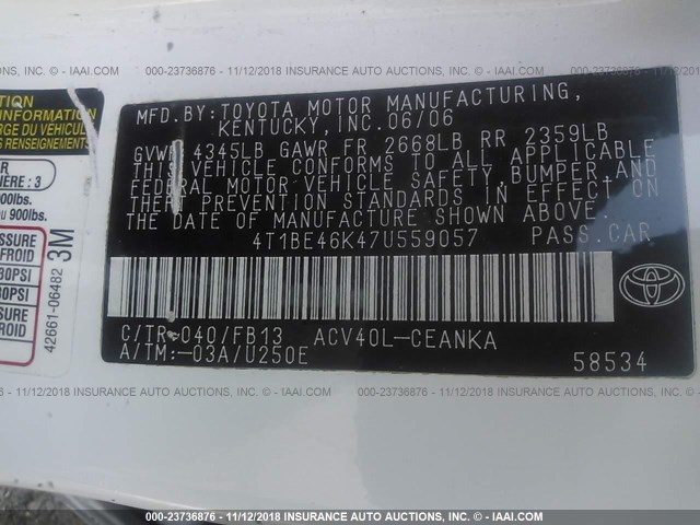 4T1BE46K47U559057 - 2007 TOYOTA CAMRY NEW GENERAT CE/LE/XLE/SE WHITE photo 9