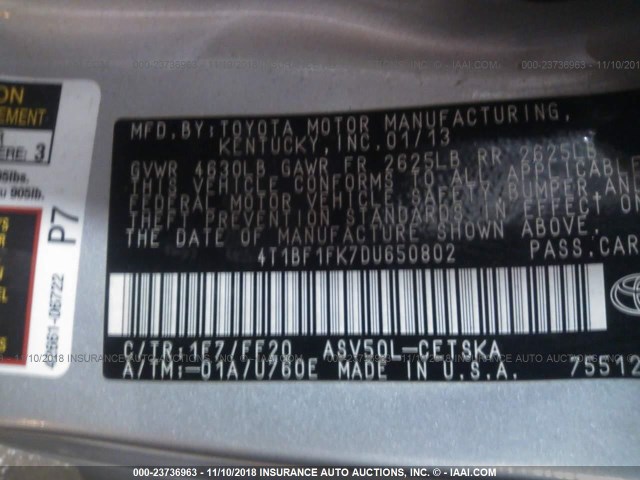 4T1BF1FK7DU650802 - 2013 TOYOTA CAMRY L/SE/LE/XLE SILVER photo 9