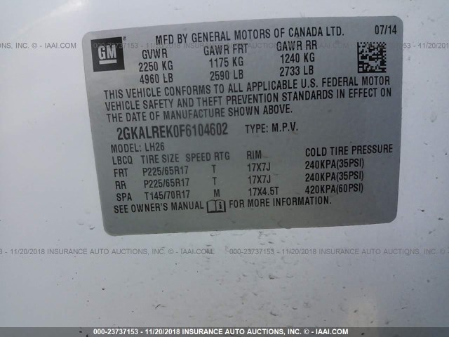 2GKALREK0F6104602 - 2015 GMC TERRAIN SLE WHITE photo 9