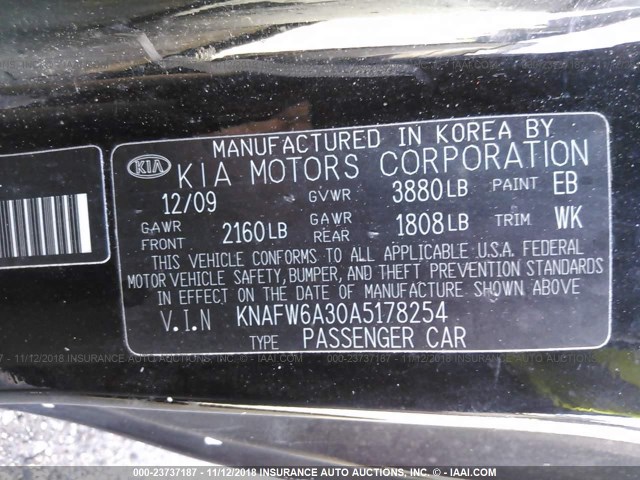 KNAFW6A30A5178254 - 2010 KIA FORTE SX BLACK photo 9