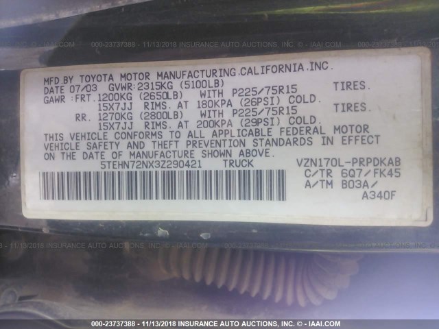 5TEHN72NX3Z290421 - 2003 TOYOTA TACOMA DOUBLE CAB 绿色 照片 9