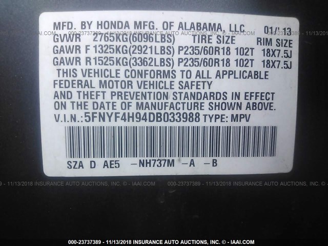 5FNYF4H94DB033988 - 2013 HONDA PILOT TOURING GRAY photo 9