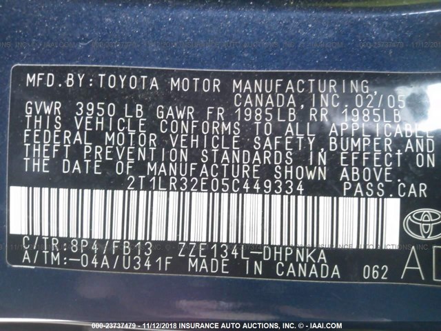 2T1LR32E05C449334 - 2005 TOYOTA COROLLA MATRIX XR BLUE photo 9