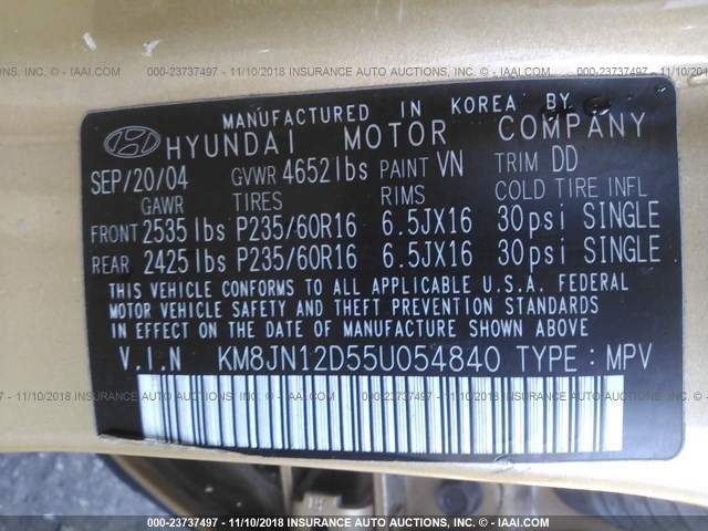 KM8JN12D55U054840 - 2005 HYUNDAI TUCSON GLS/LX GOLD photo 9