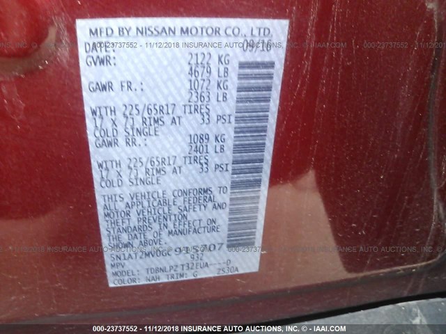 5N1AT2MV0GC915707 - 2016 NISSAN ROGUE S/SL/SV RED photo 9