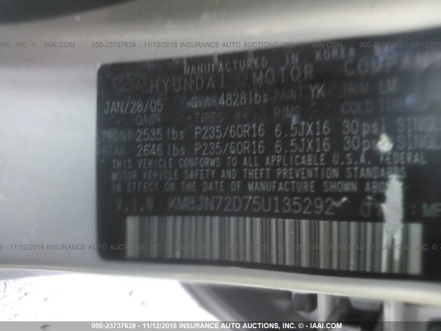 KM8JN72D75U135292 - 2005 HYUNDAI TUCSON GLS/LX GRAY photo 9