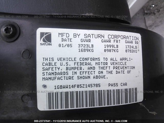 1G8AW14F05Z145785 - 2005 SATURN ION LEVEL 3 SILVER photo 9