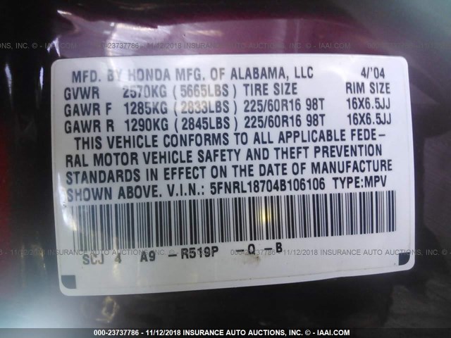 5FNRL18704B106106 - 2004 HONDA ODYSSEY EXL RED photo 9