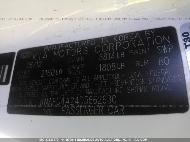 KNAFU4A24D5662630 - 2013 KIA FORTE EX WHITE photo 9