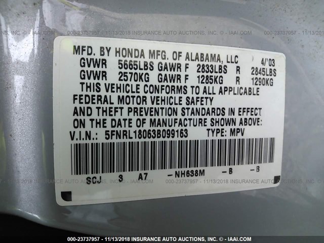 5FNRL18063B099163 - 2003 HONDA ODYSSEY EXL SILVER photo 9