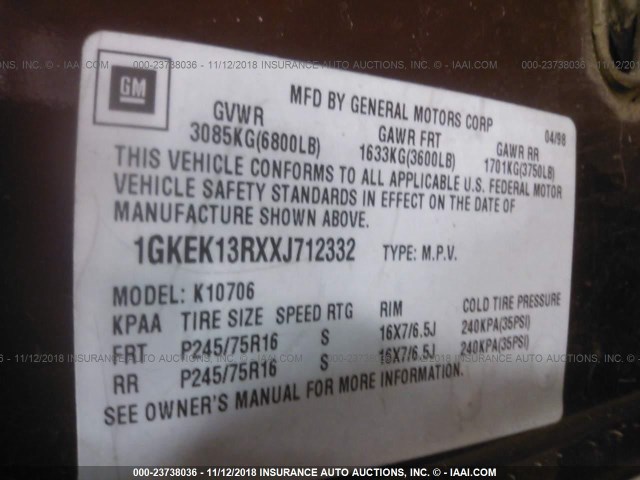 1GKEK13RXXJ712332 - 1999 GMC YUKON MAROON photo 9