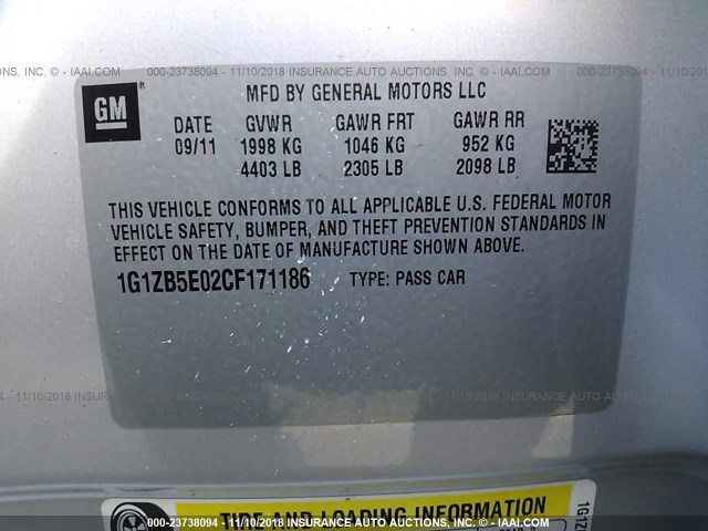 1G1ZB5E02CF171186 - 2012 CHEVROLET MALIBU LS 银色 照片 9