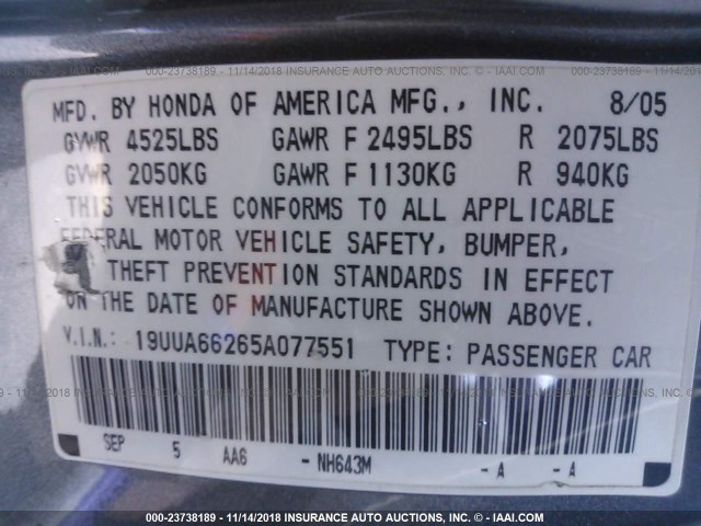 19UUA66265A077551 - 2005 ACURA TL GRAY photo 9