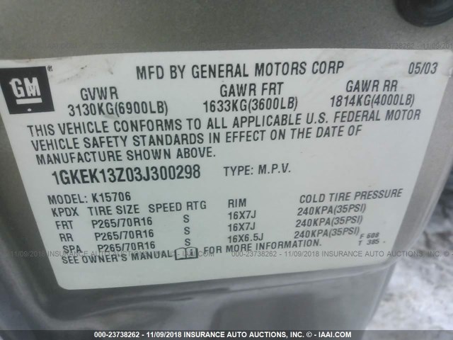 1GKEK13Z03J300298 - 2003 GMC YUKON TAN photo 9