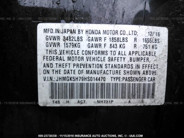 JHMGK5H79HS014470 - 2017 HONDA FIT EX/EXL BLACK photo 9