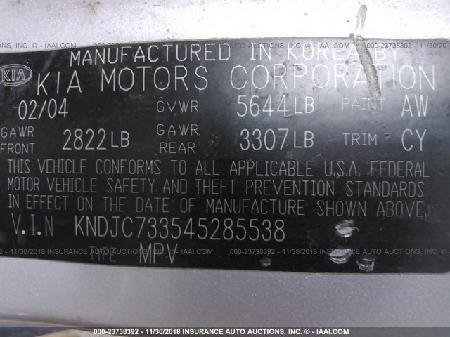 KNDJC733545285538 - 2004 KIA SORENTO EX/LX SILVER photo 9