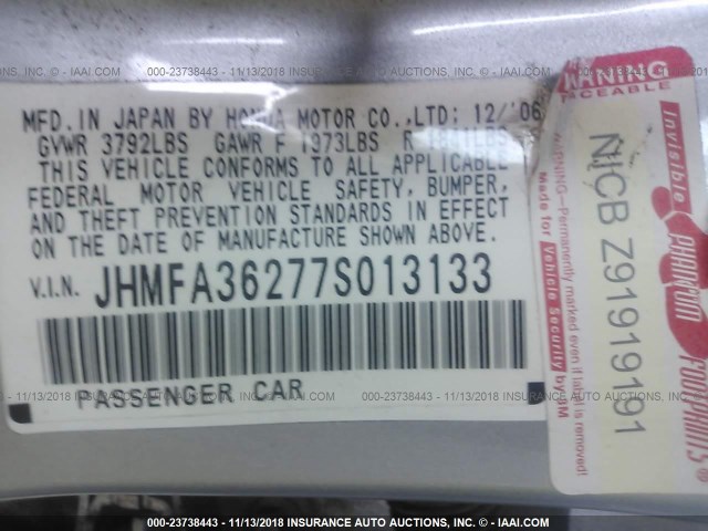 JHMFA36277S013133 - 2007 HONDA CIVIC HYBRID SILVER photo 9