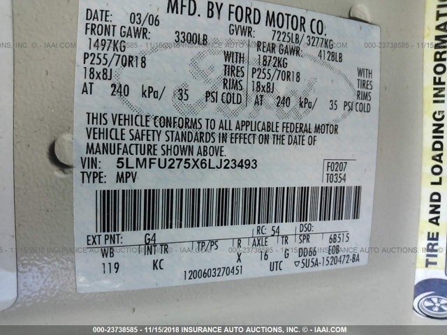 5LMFU275X6LJ23493 - 2006 LINCOLN NAVIGATOR Ақ фото 9