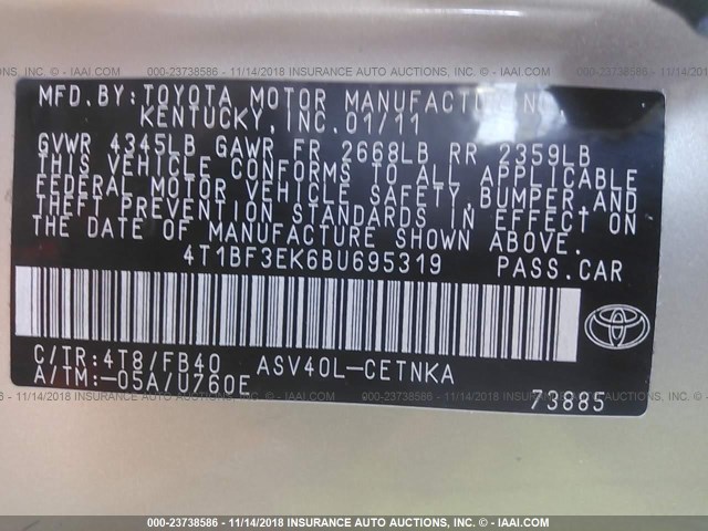 4T1BF3EK6BU695319 - 2011 TOYOTA CAMRY SE/LE/XLE 金色 照片 9